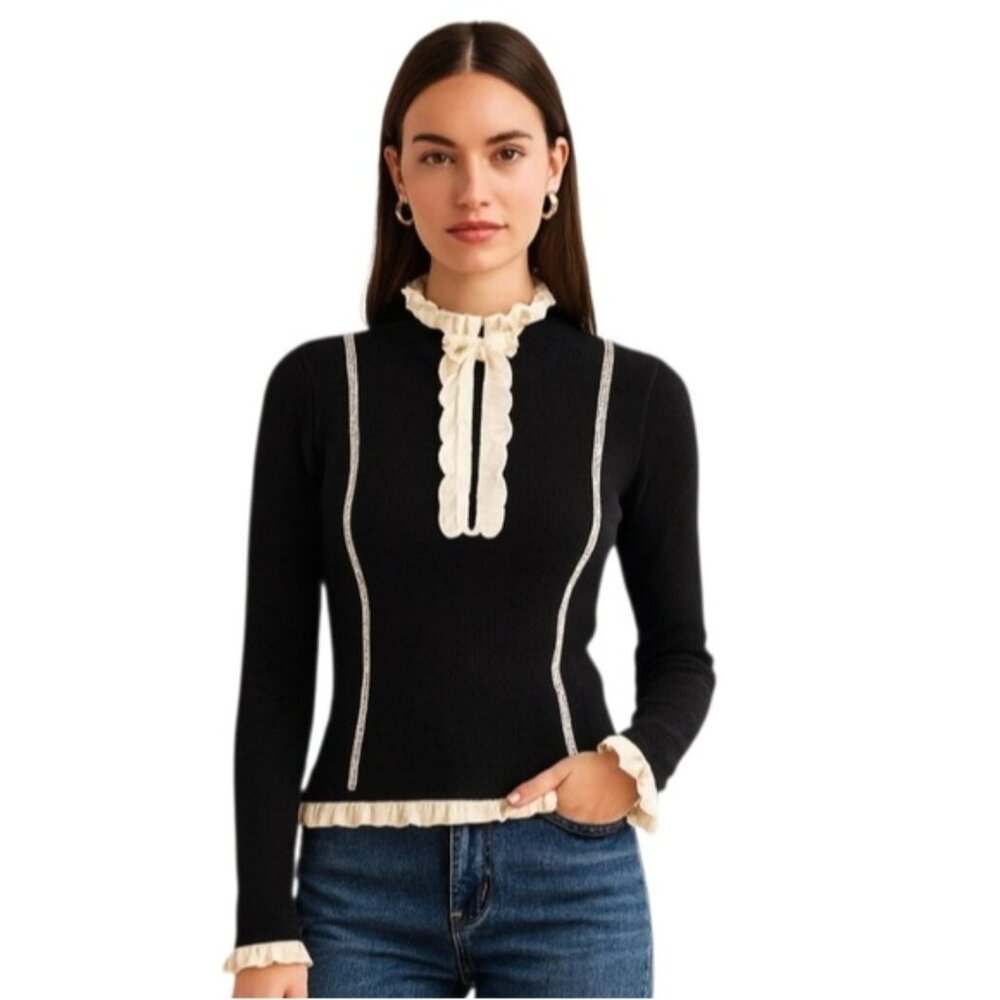 Cabi Elegant Black Knit Sweater with Contrasting White Ruffled Trim and Piping